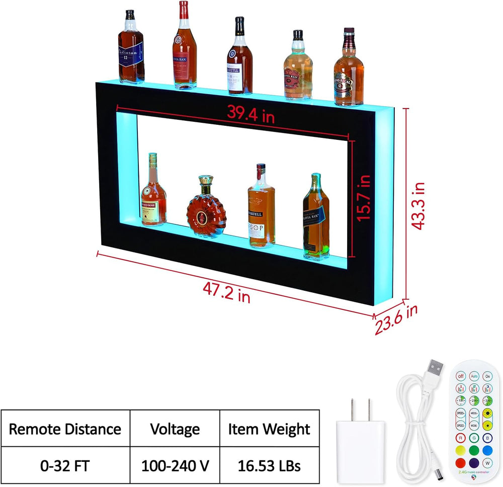 48 Inch LED Lighted Liquor Bottle Display Shelf, 2-Tier Acrylic Wall-Mounted ...