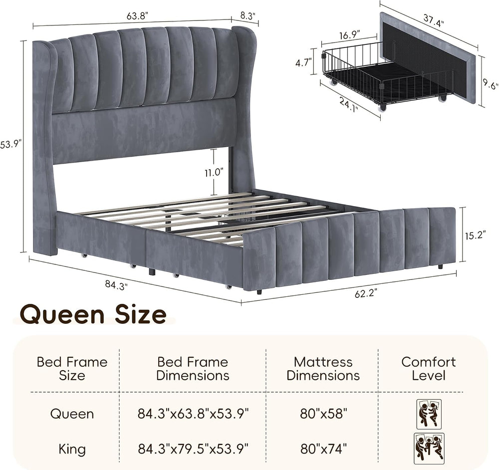 54" Tall Headboard Queen Bed Frame with 4 Drawers, Storage Platform