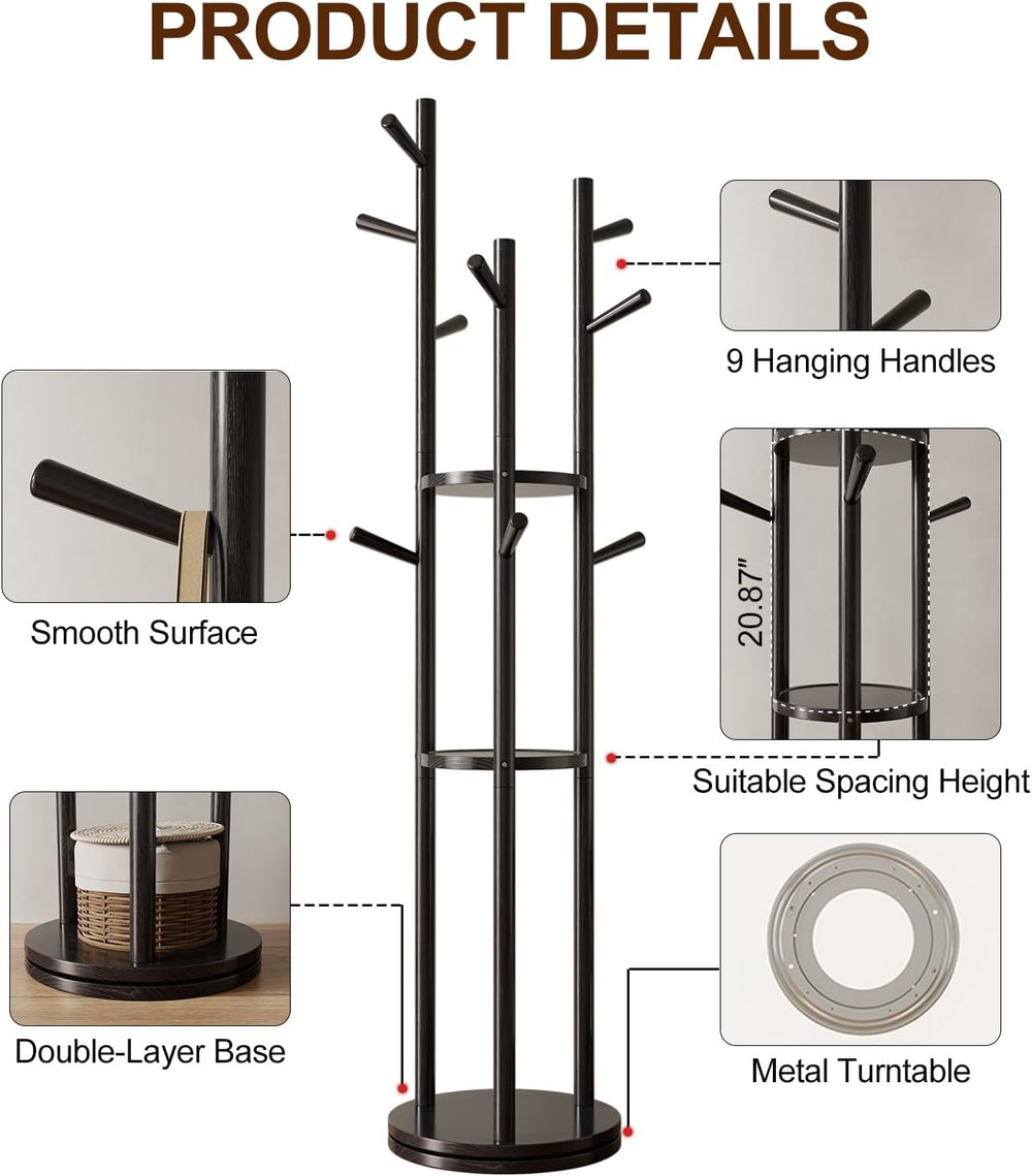 Muwuele Solid Wood Rotary Coat Rack, Freestanding Coat Rack with 3 Shelves an...