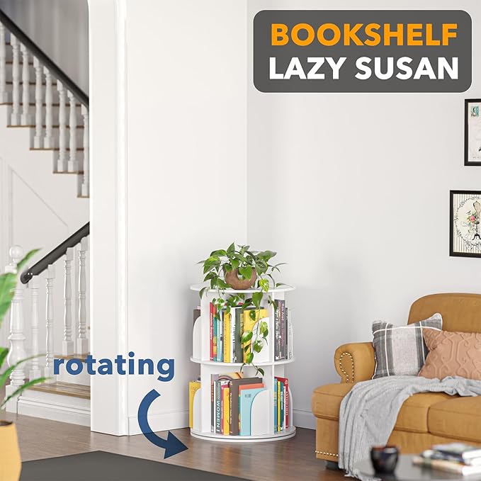 SpaceAid 2 Tier Rotating Bookshelf Tower, Spinning Bookcase Lazy Susan, Revol...