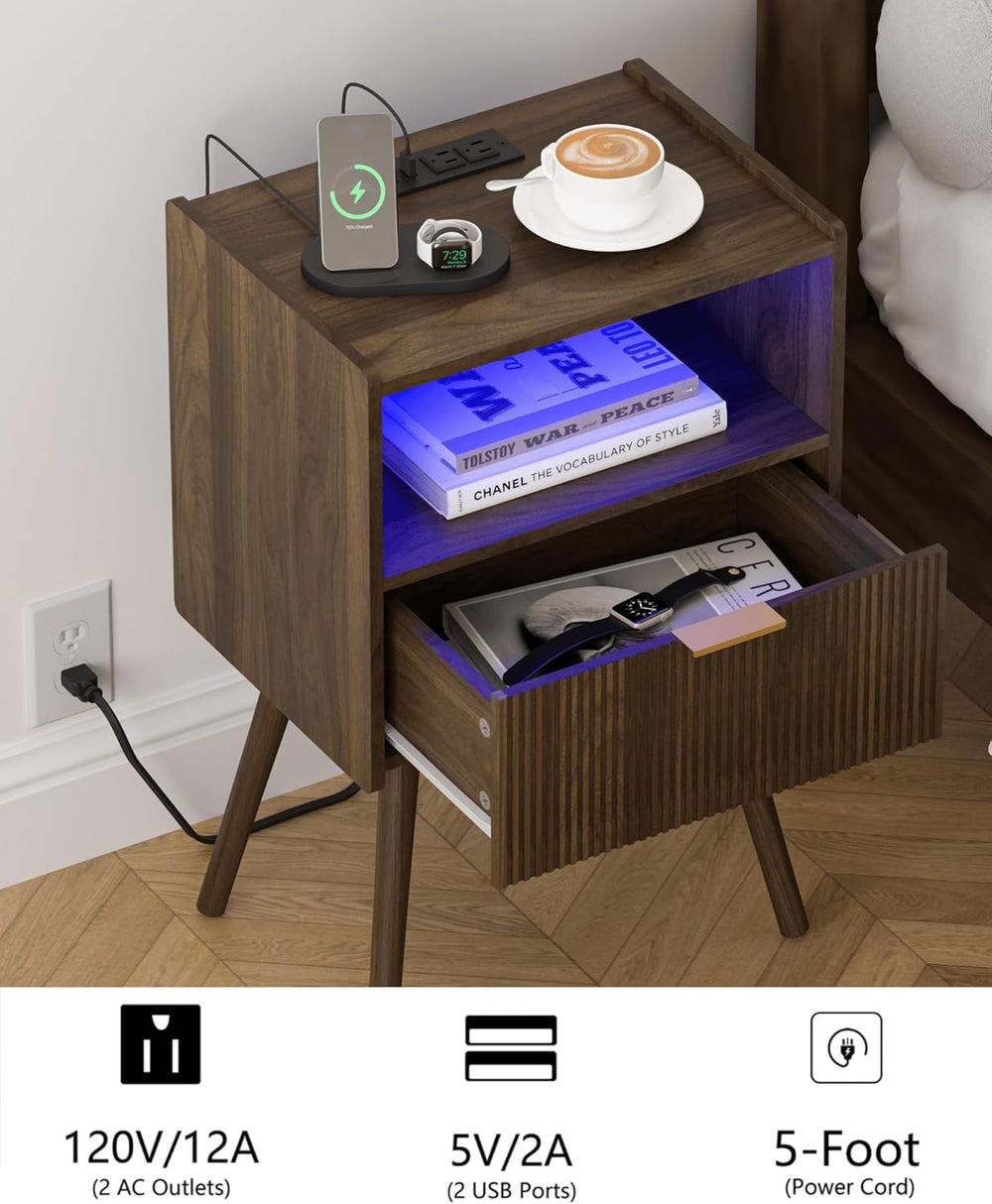 Leomonio Walnut Brown Nightstand, Modern Bedside Table with Charging Station ...