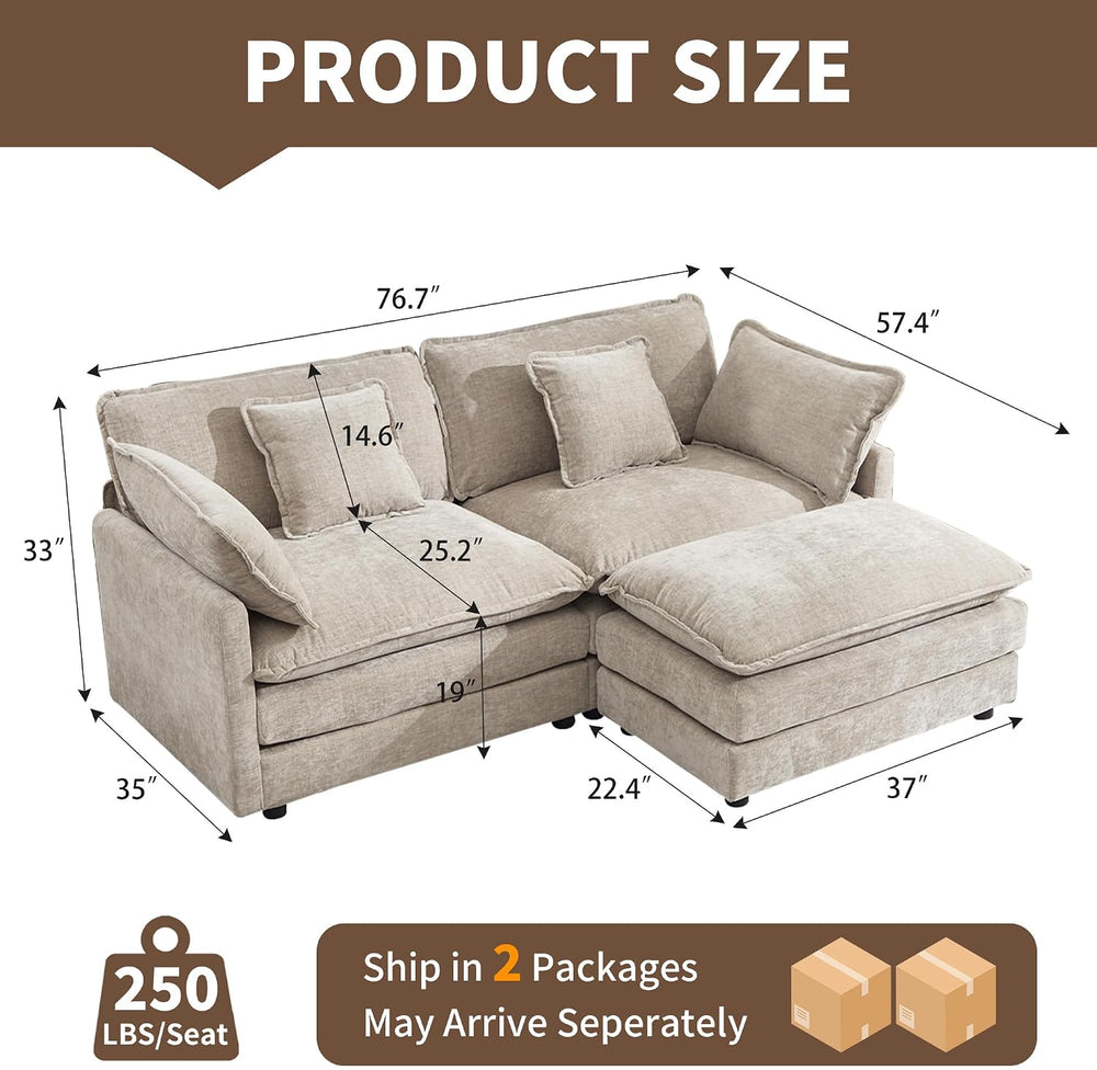 Tmsan 76.7" Cloud Loveseat Couch with Ottoman, Small L Shape Sectional Sofa