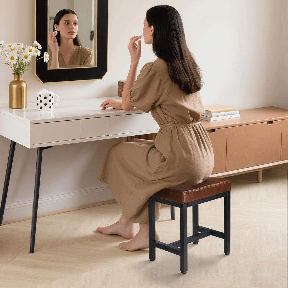 Vanity Stool, Vanity Chair for Makeup Room, Square Faux Leather Small Ottoman...