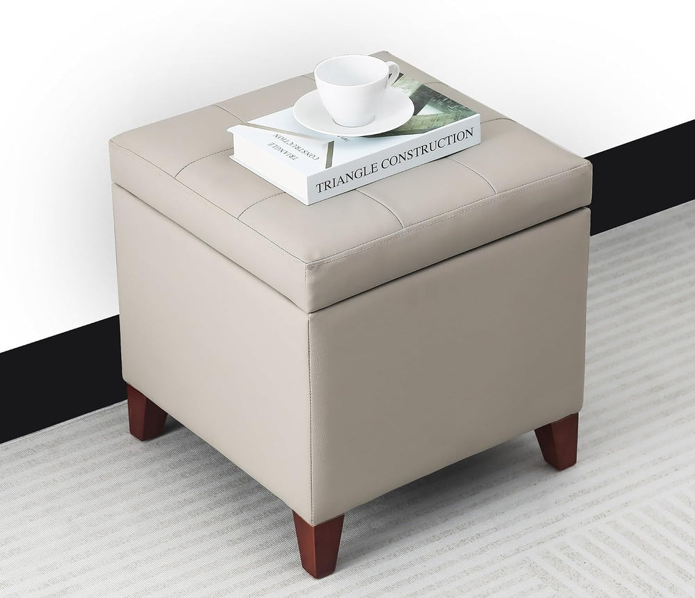 Leather Ottoman with Storage Beige-Grey Square Storage Ottoman | 18" Squ...