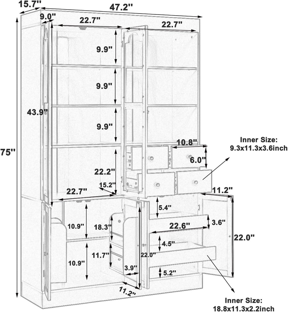 roomfitters 75 Inch Tall Kitchen Pantry Buffet Hutch with 4 Drawers and Glass...