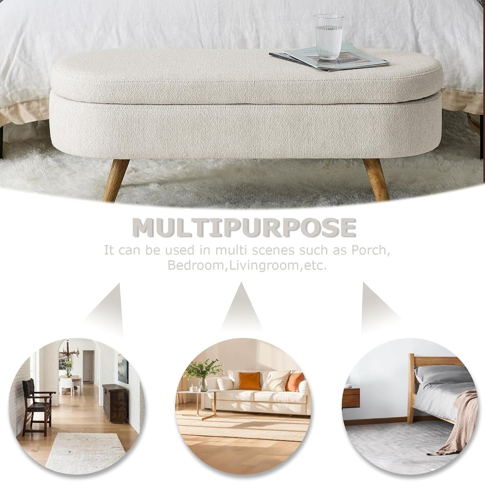 SoarFlash Ottoman Oval Storage Bench Linen Fabric Rubber Wood Legs(Beige)