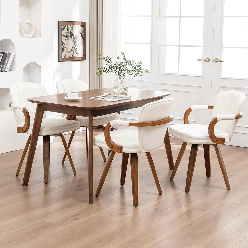 Swivel Dining Chairs Set of 4 Mid Century Modern White Faux Leather Upholster...