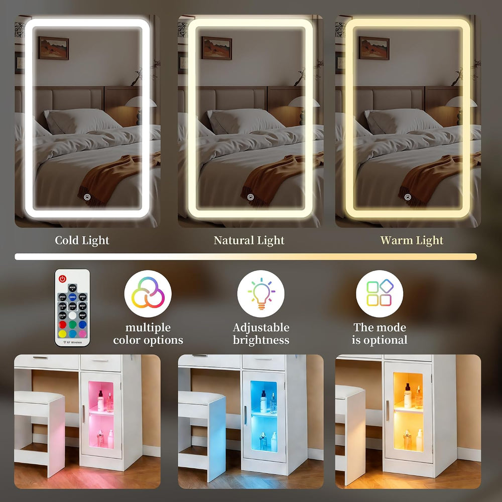 White LED Vanity Table with Three-Color Adjustable Light HD Mirror, USB Charg...