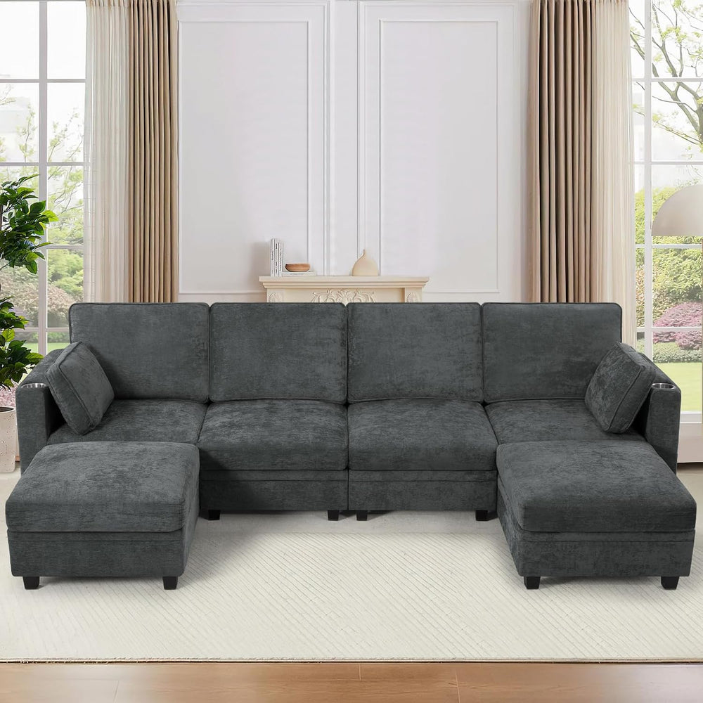 110" Chenille U-Shape Sofa w/& Adjustable Backrests, Grey | Upholste...