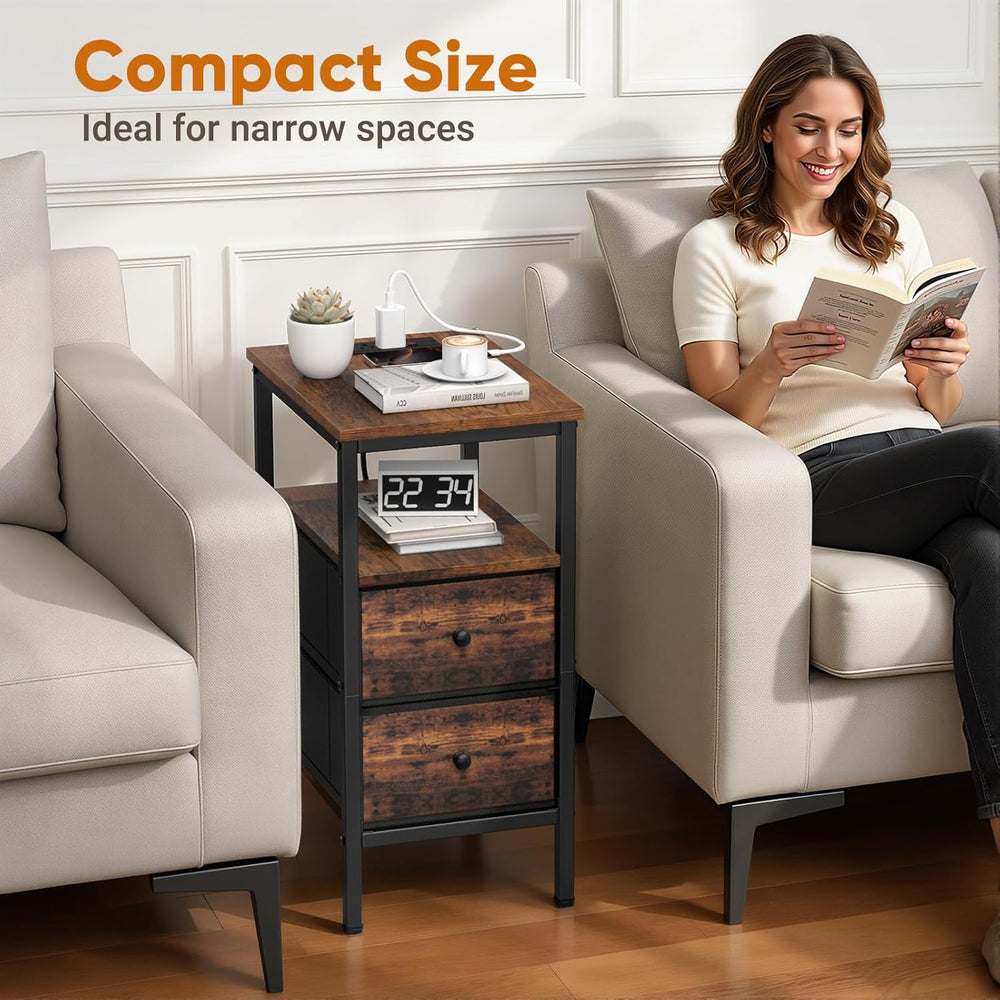 Lewondr End Table with Charging Station and LED Light, Narrow Side Table with...