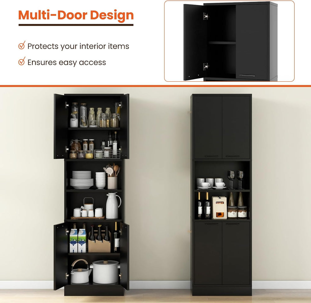 Kitchen Pantry Cabinet, Dining Room Cupboard with 4 Doors & 2 Open Counte...