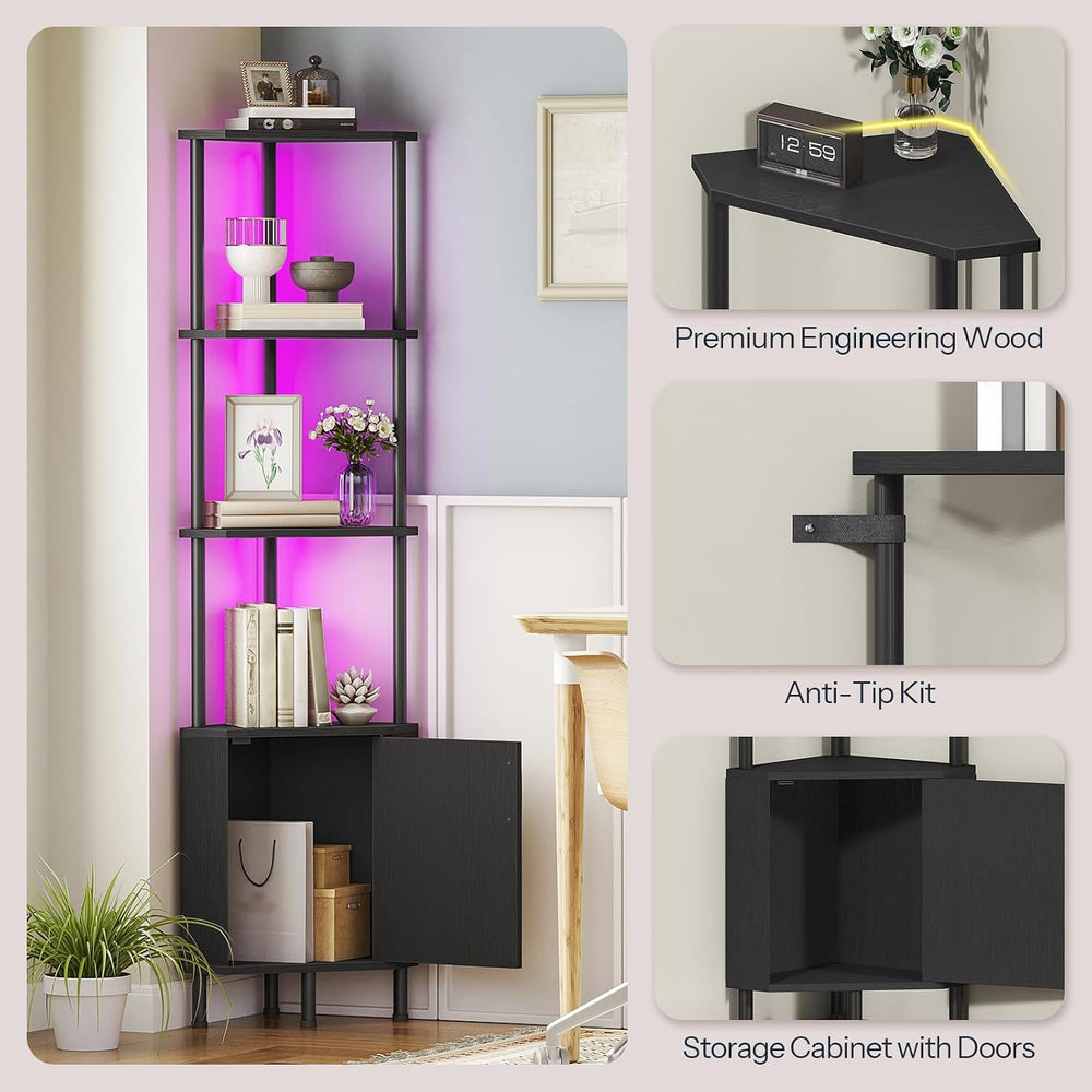 HOOBRO Corner Cabinet with LED Light, Corner Shelf Stand with Storage and Doo...