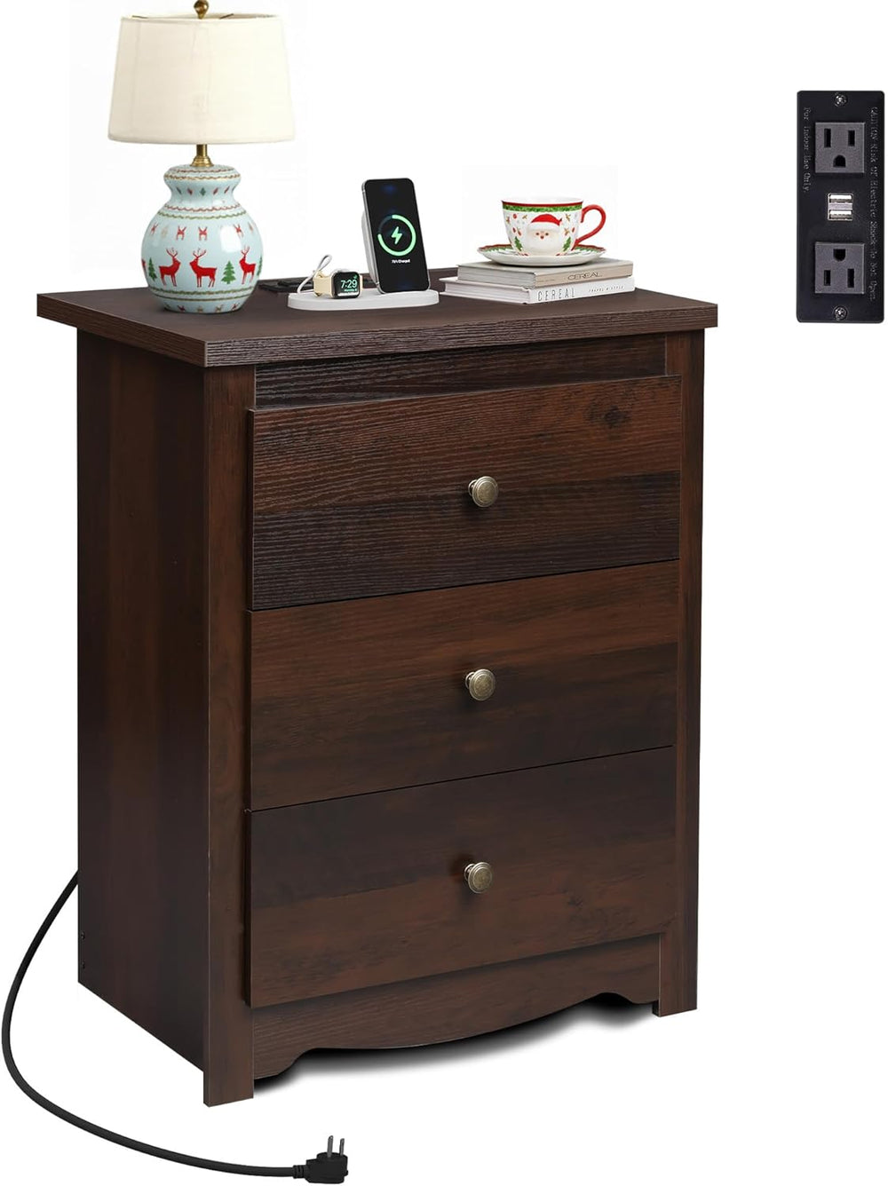 WLIVE Tall Nightstand with Charging Station, Wood Night Stand with 3 Drawers ...