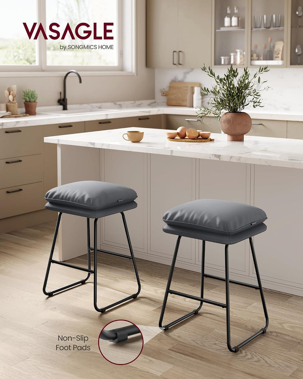 VASAGLE Bar Stools Set of 2, Leather, Metal Sled Legs, 25.6 Inches