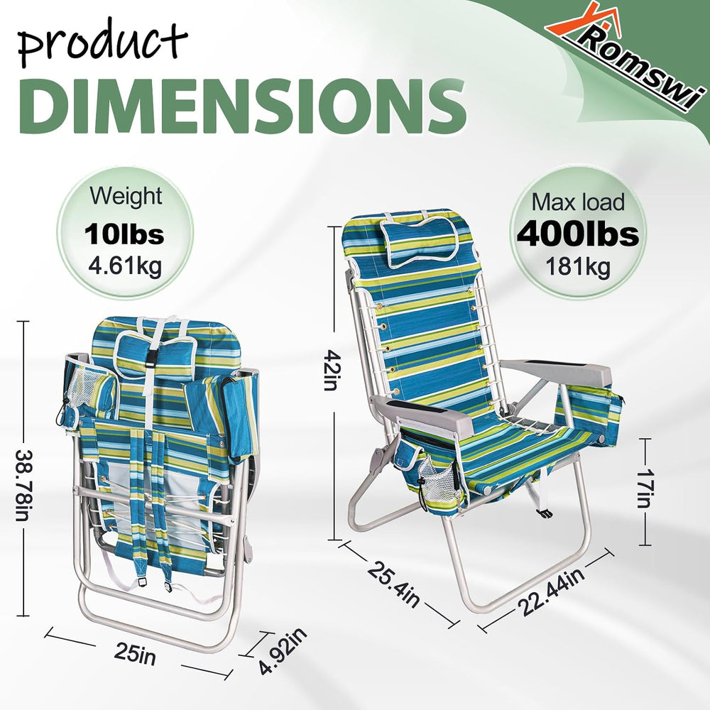 Romswi Tall Beach Chair Extra Wide for Adults, 17" High Seat Backpack Be...