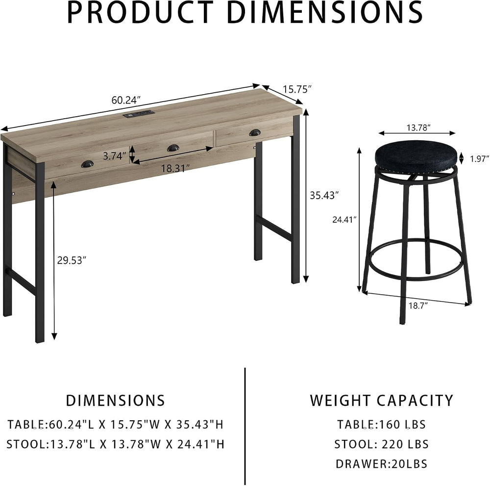 Bar Table and Chairs Set, 60.24” Long Pub Tables with 3 Stools, High Top Tabl...
