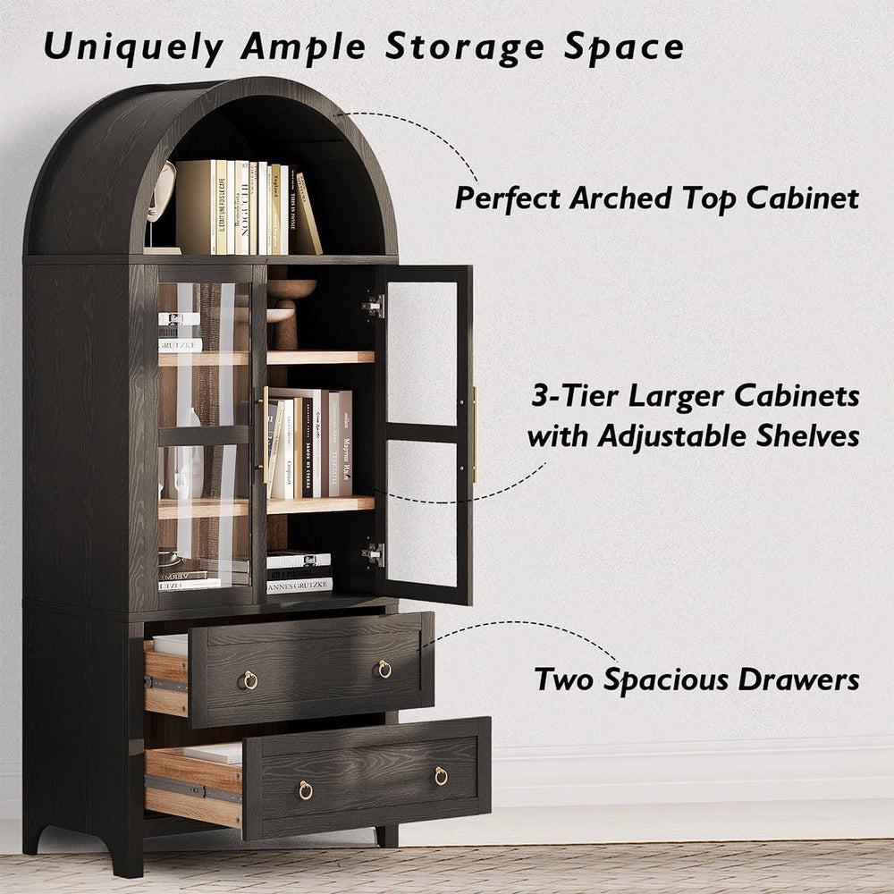 71" Tall Arched Kitchen Pantry Cabinet with 2 Large Drawers and Adjustab...