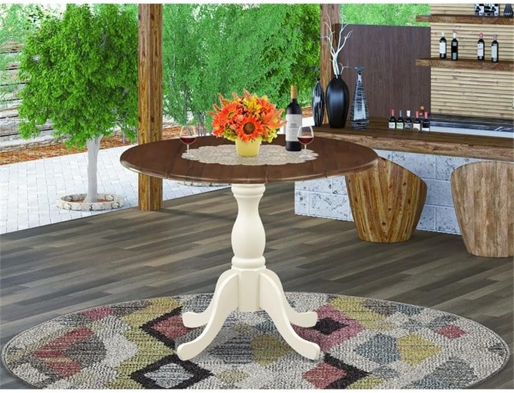 Pemberly Row Round Rubberwood Dining Table, Walnut Top and Linen White Pedest...