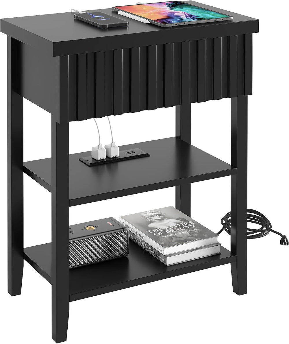 3imothrix Narrow End Table with Charging Station, Fluted Side Table with Draw...