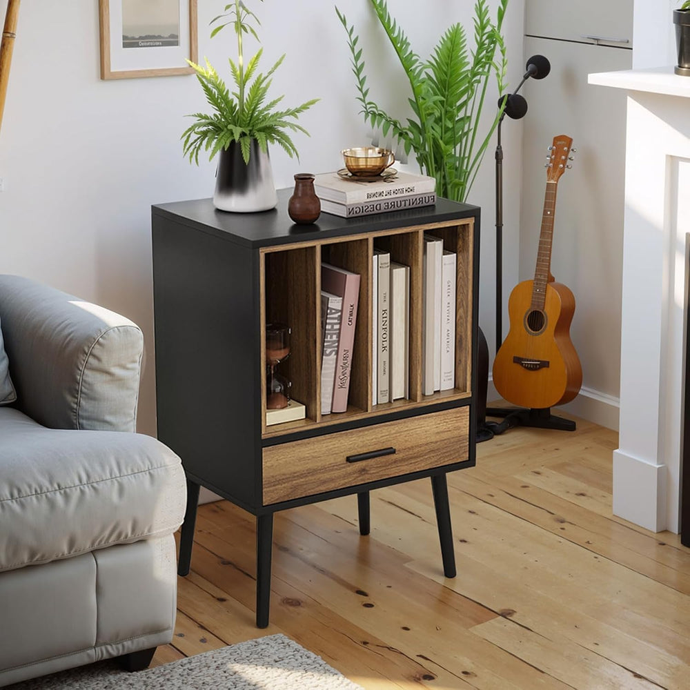 Kiasthome Black Record Player Stand with Storage Crate & Drawer, Vinyl Re...