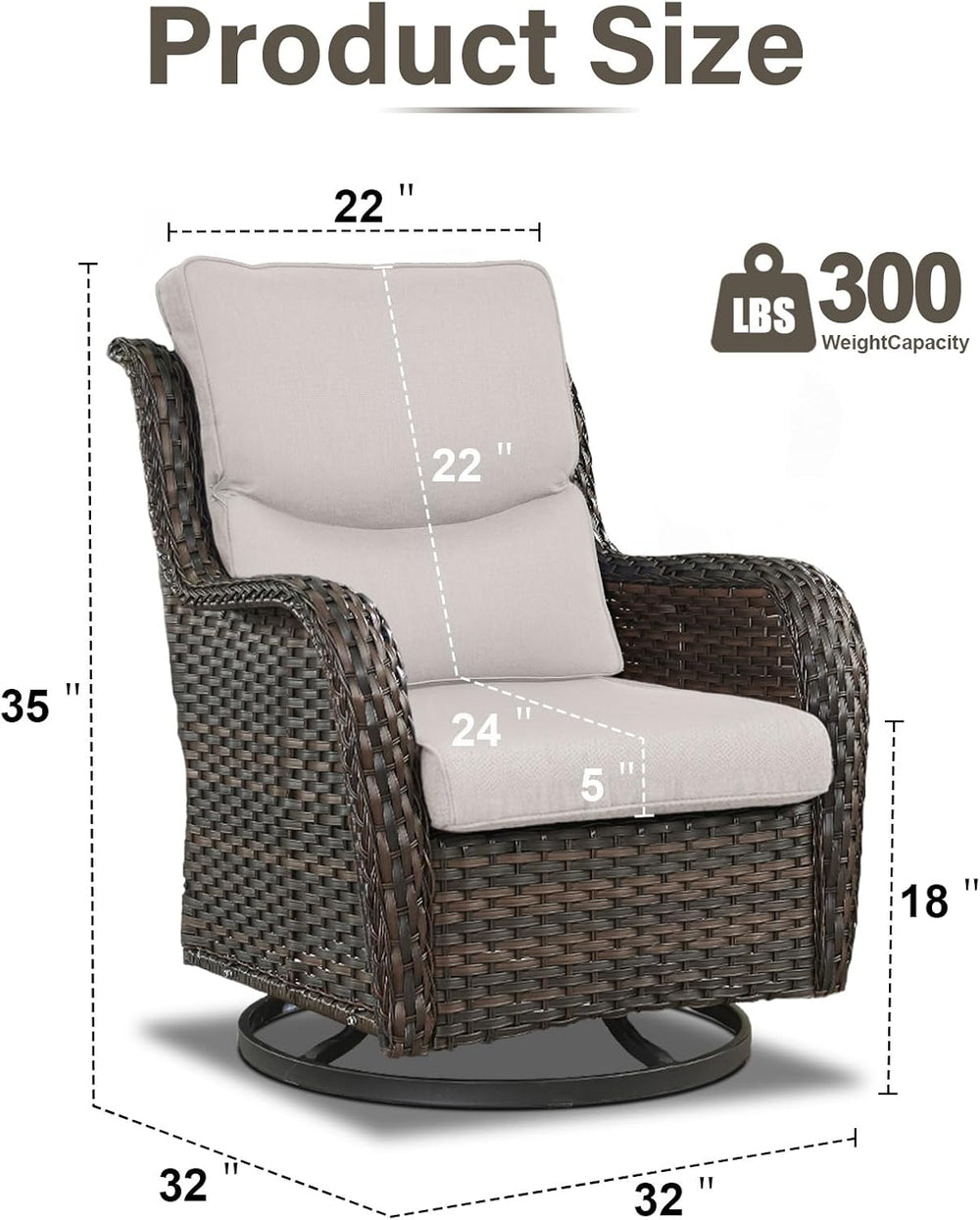Swivel Patio Chairs Set of 2 with 5" Thick Cushion - Wicker Outdoor Swiv...