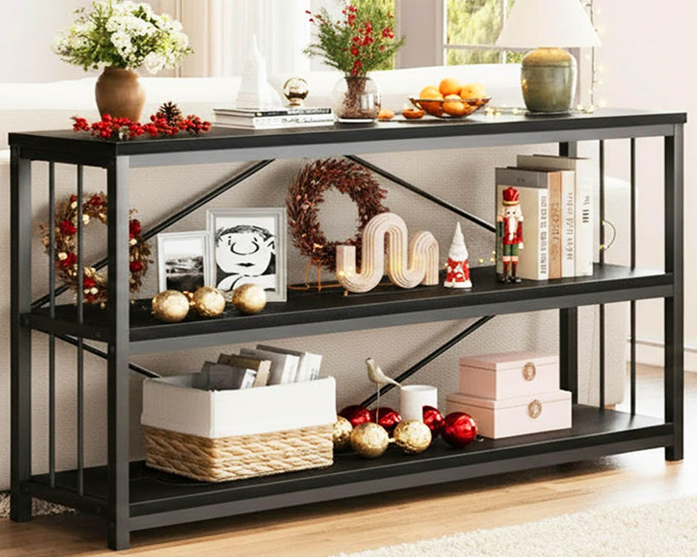 LVB Farmhouse Industrial Console Table for Home, Black Oak, 70 Inch | Wood Me...