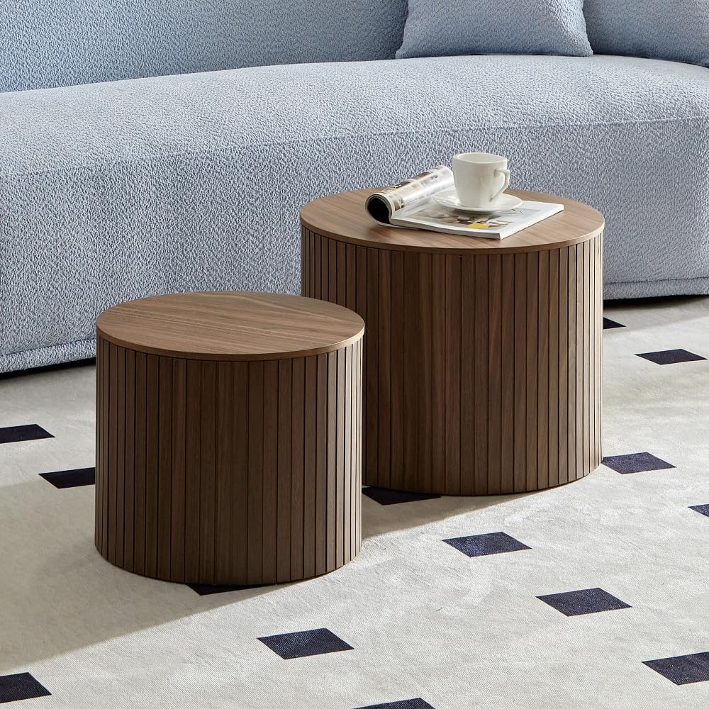 Nesting Coffee Tables Set of 2, Walnut MDF, Handcrafted Round Design | 2-Piec...