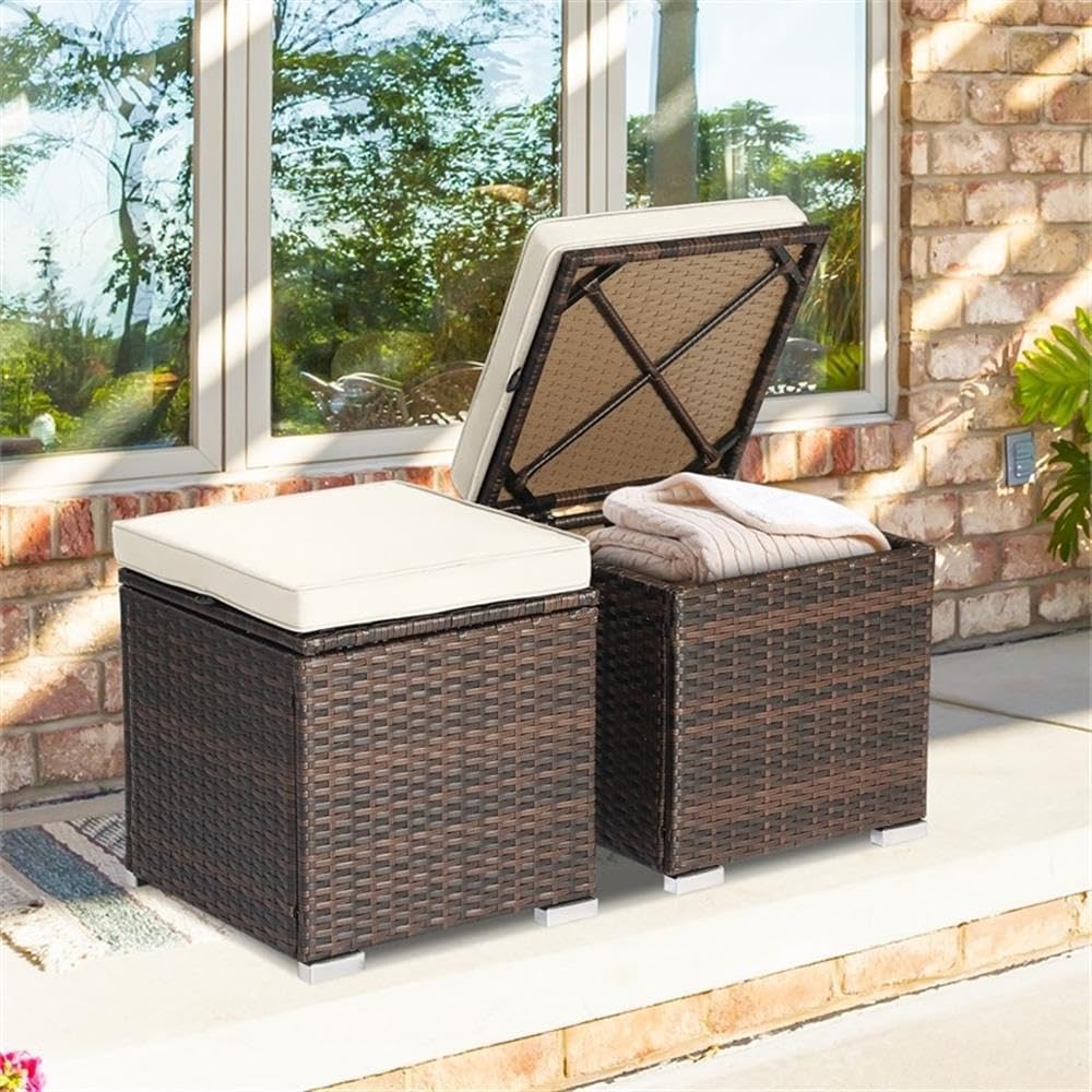 Pemberly Row 2PCS Patio Rattan Ottoman Seat with Storage, Off White, Durable ...