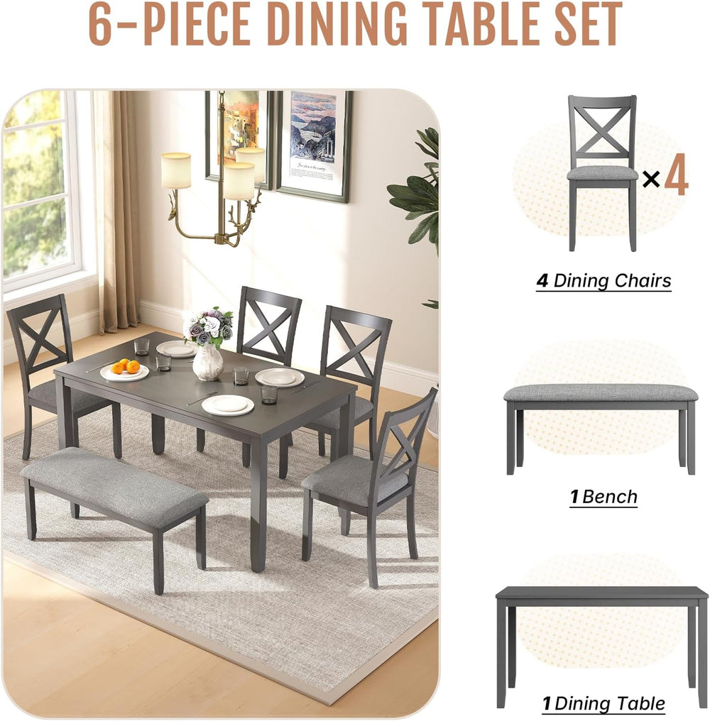 Zevemomo 6-Piece Solid Wood Dining Table Set, Wooden Legs, Grey | Including 1...