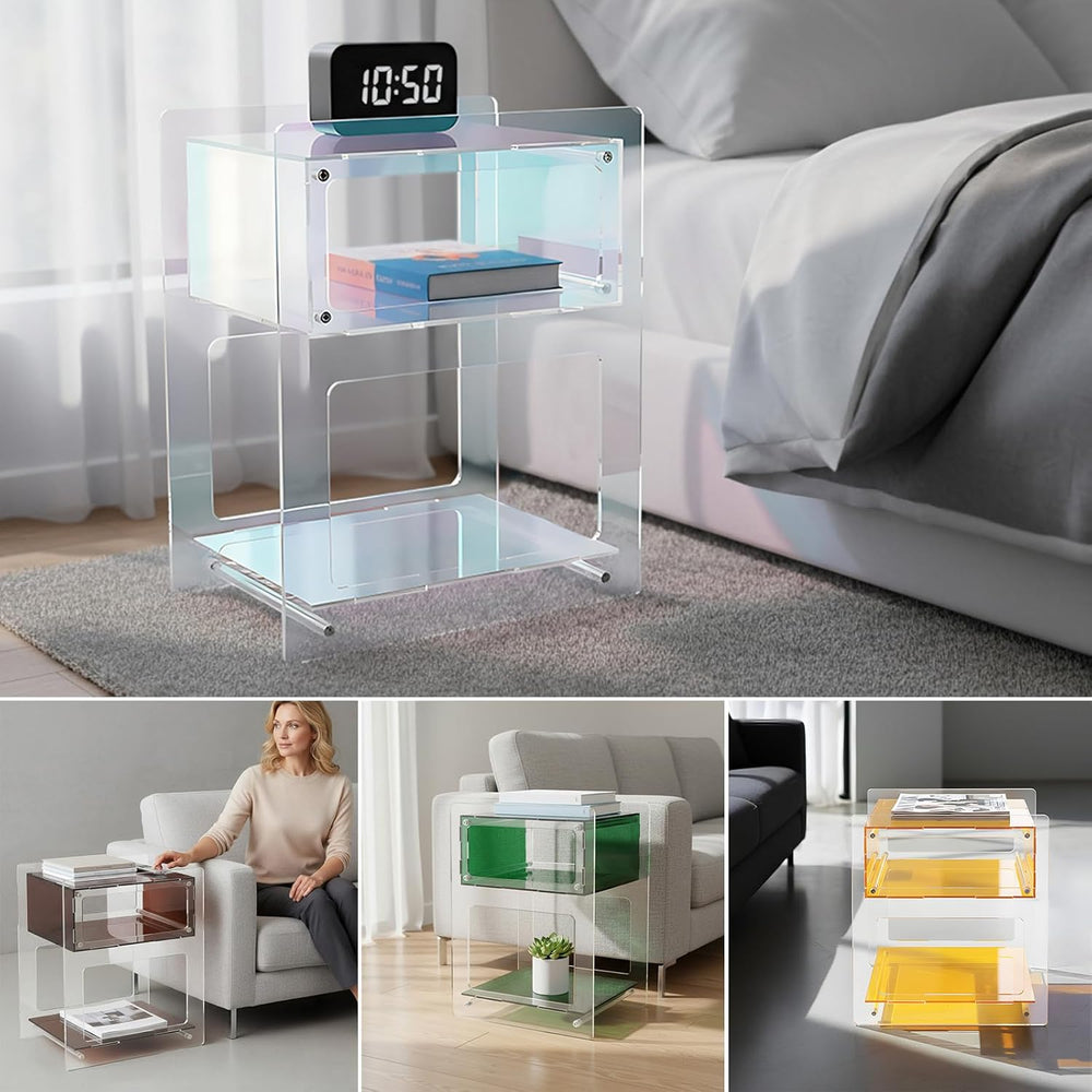 Acrylic Nightstand Side Table Bedside with Open Storage Shelf, Clear End Tabl...
