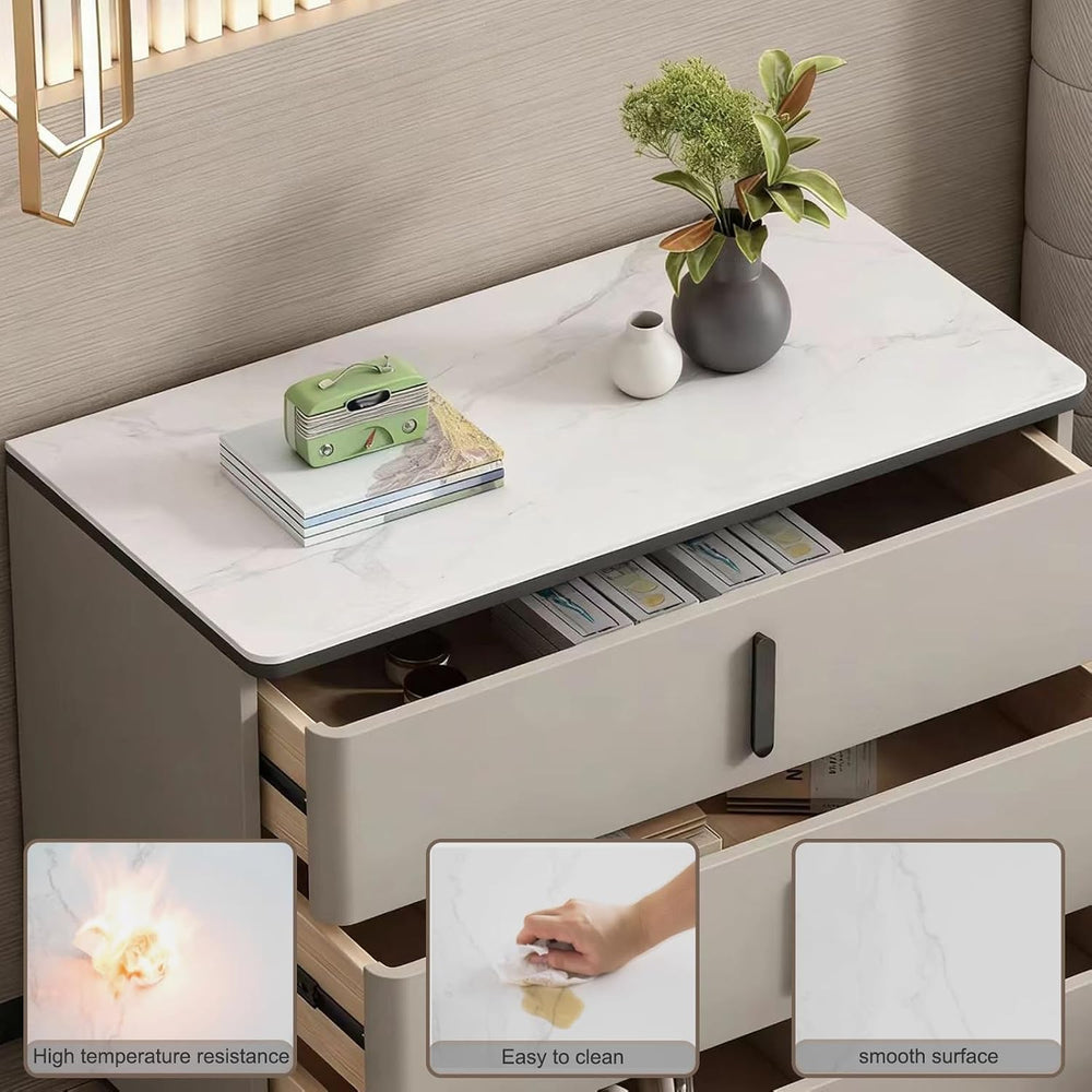 3 Drawer Nightstand, Rock Board Bed end Side Table Cabinet, Bedside Desk Leat...