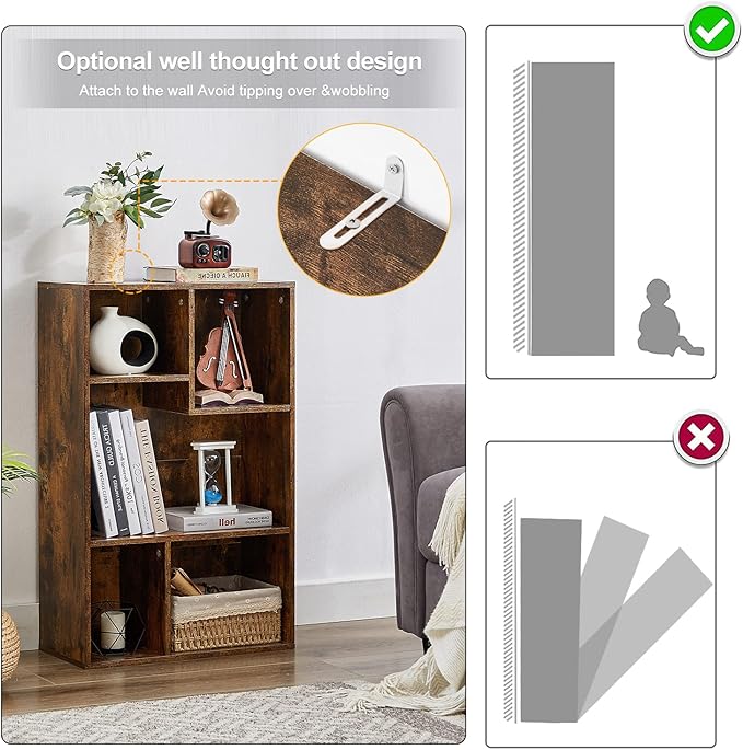 VECELO Modern Bookshelf, 5 Cube Shelf, Fits Tallest Hardcovers, Horizontal Av...