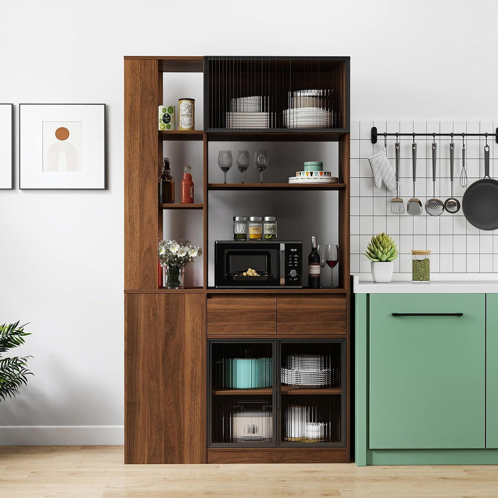 JOYSOURCE Tall Kitchen Hutch Cabinet with Side-Access Shelves & Drawer Fr...