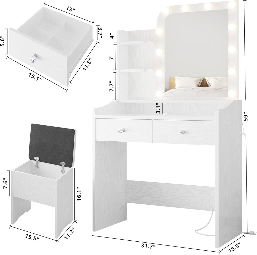LIKIMIO Vanity Desk with Mirror Lights and Storage Stool, White | Vanity Tabl...