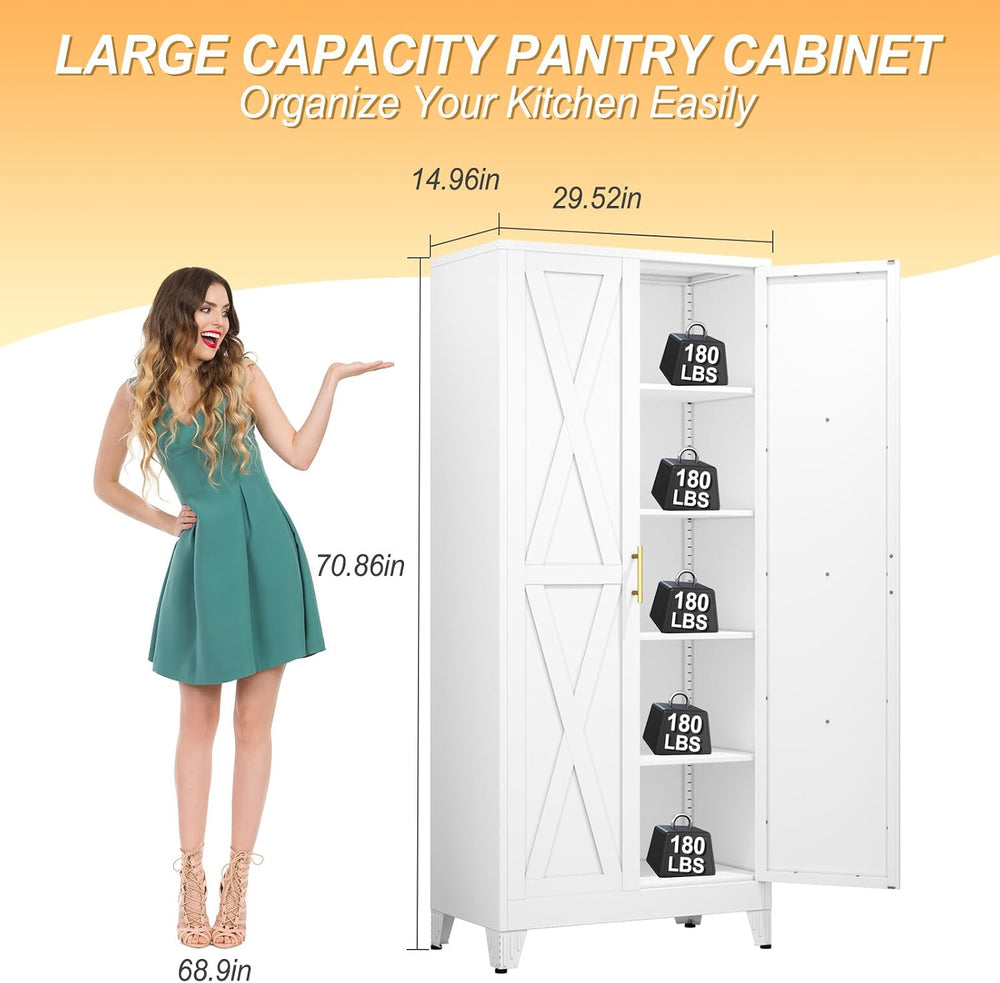 71" H Metal Kitchen Pantry Storage Cabinet, Freestanding Cupboard with 2...