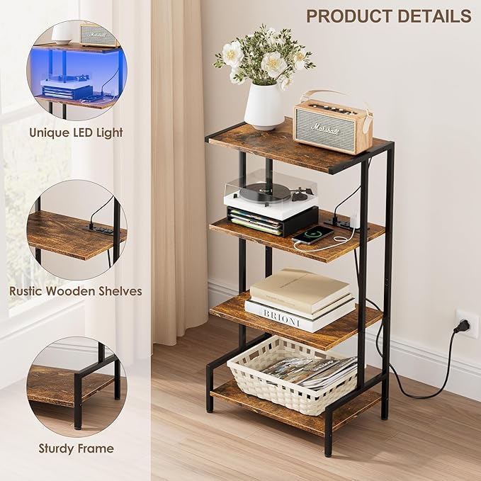 4-Tier AV Media Stand with Power Outlet and LED Lights,Wooden Stereo Stand Ca...