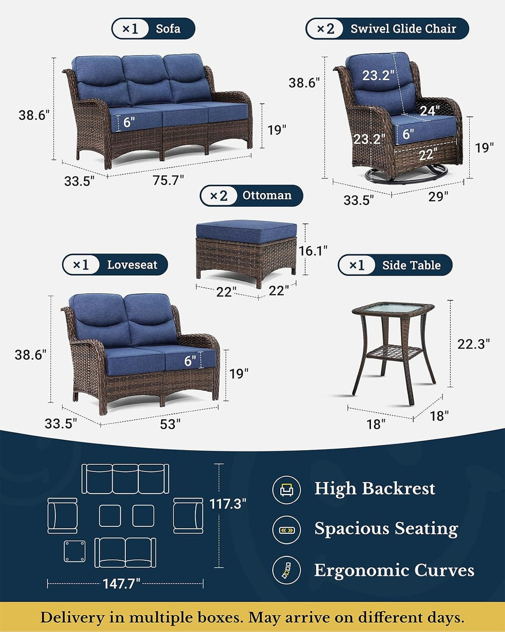 HILLGA 7-Piece Luxury Patio Furniture Set with 6" Thick Cushions, Weathe...