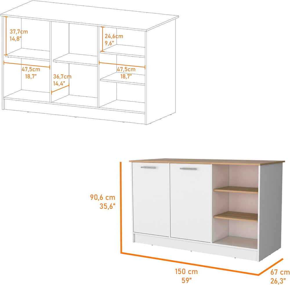FM FURNITURE Gladiolus Kitchen Island in Melamine, Two Doors, Three Open Shelves