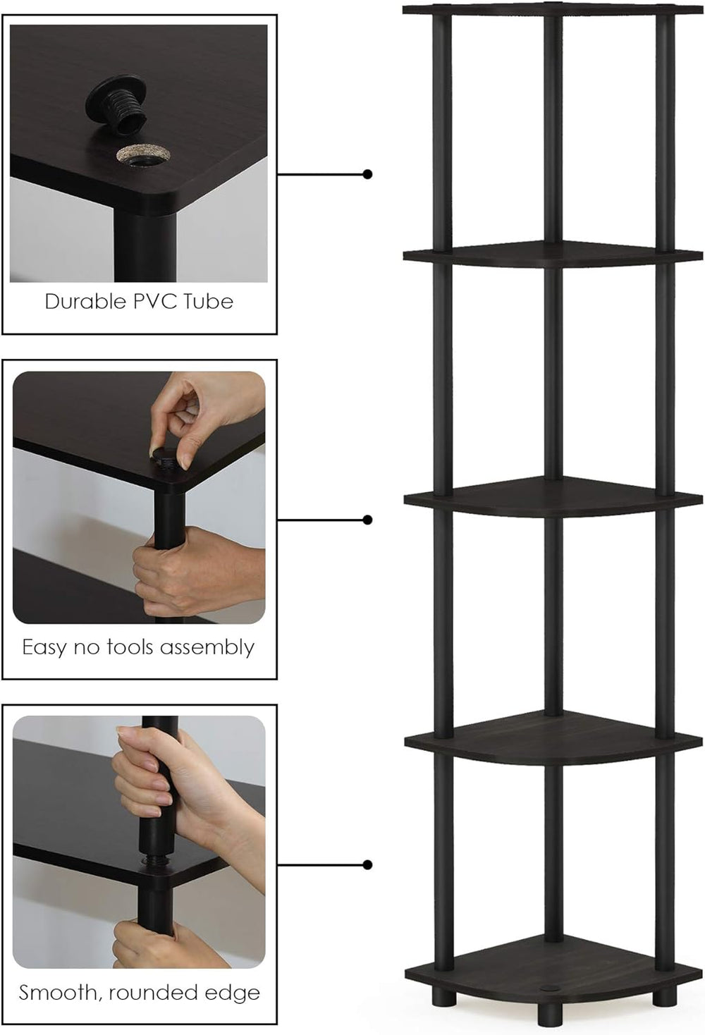 Furinno TURN-N-TUBE Corner Shelf, 5-Tier Corner Bookshelf, Open Storage Shelv...