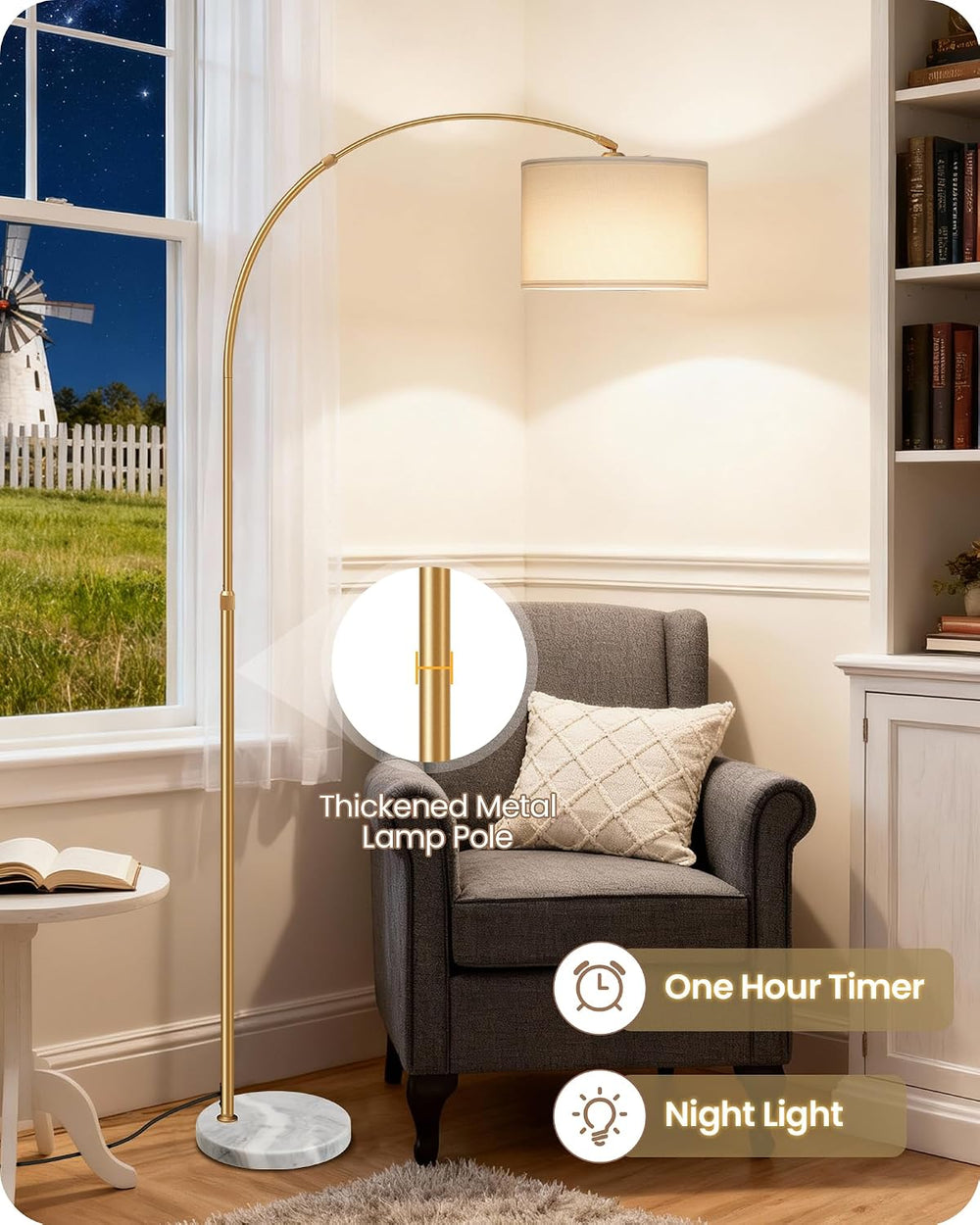75" Dimmable Gold Arc Lamp with Marble Base, Adjustable Height, White Shade