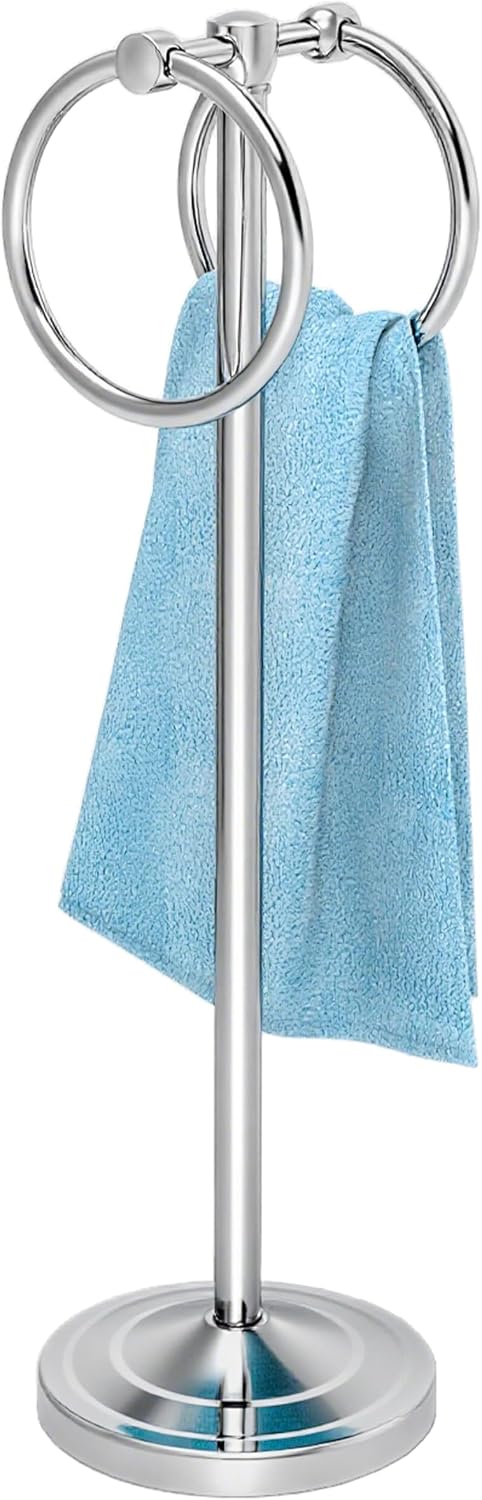 Chrome 18" Hand Towel Holder Stand with Double Ring, Weighted Base