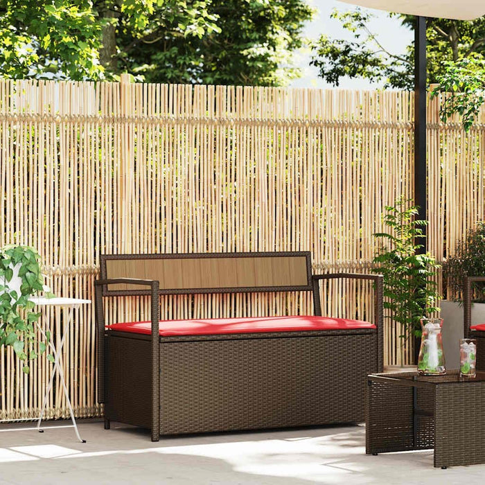 Patio Storage Bench with Cushion, Brown Poly Rattan Outdoor Garden Seat with Waterproof Inner Bag, Gas Spring Lid for Deck Porch Backyard