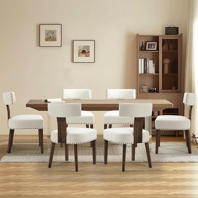 Upholstered Wooden Farmhouse Dining Chairs Set of 6, Mid-Century Modern Fabri...