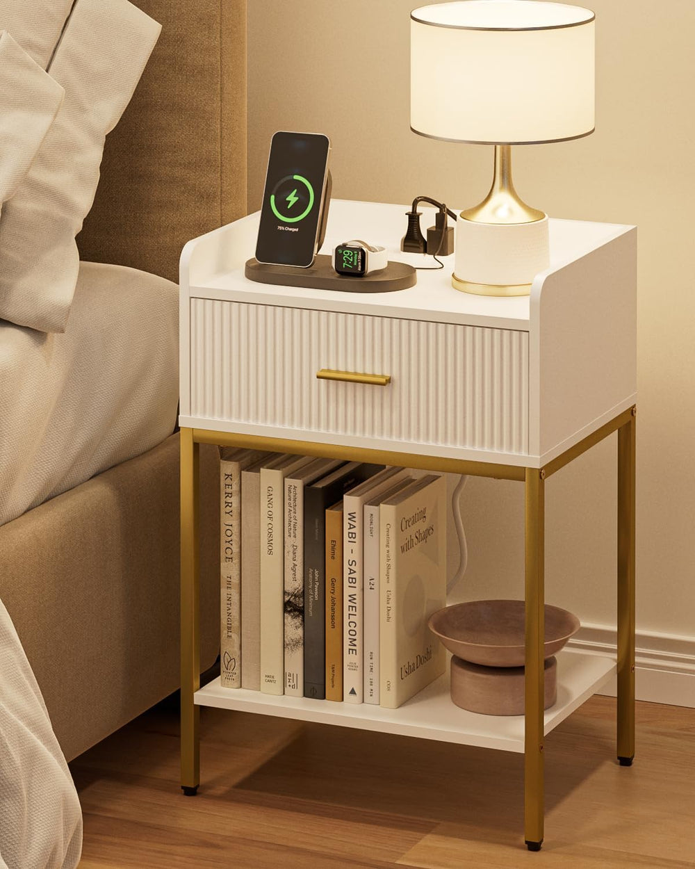 Nightstand with Charging Station, 3-Tier Bed Side Table, Small End Table, Nig...