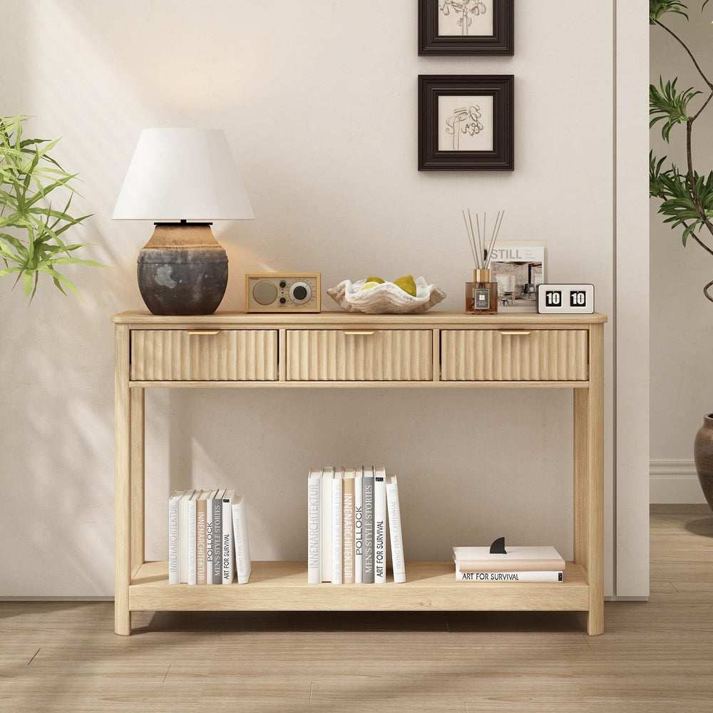 RUSTOWN Fluted Wood Console Table with 3 Drawers, 47.2" Boho Entryway Table