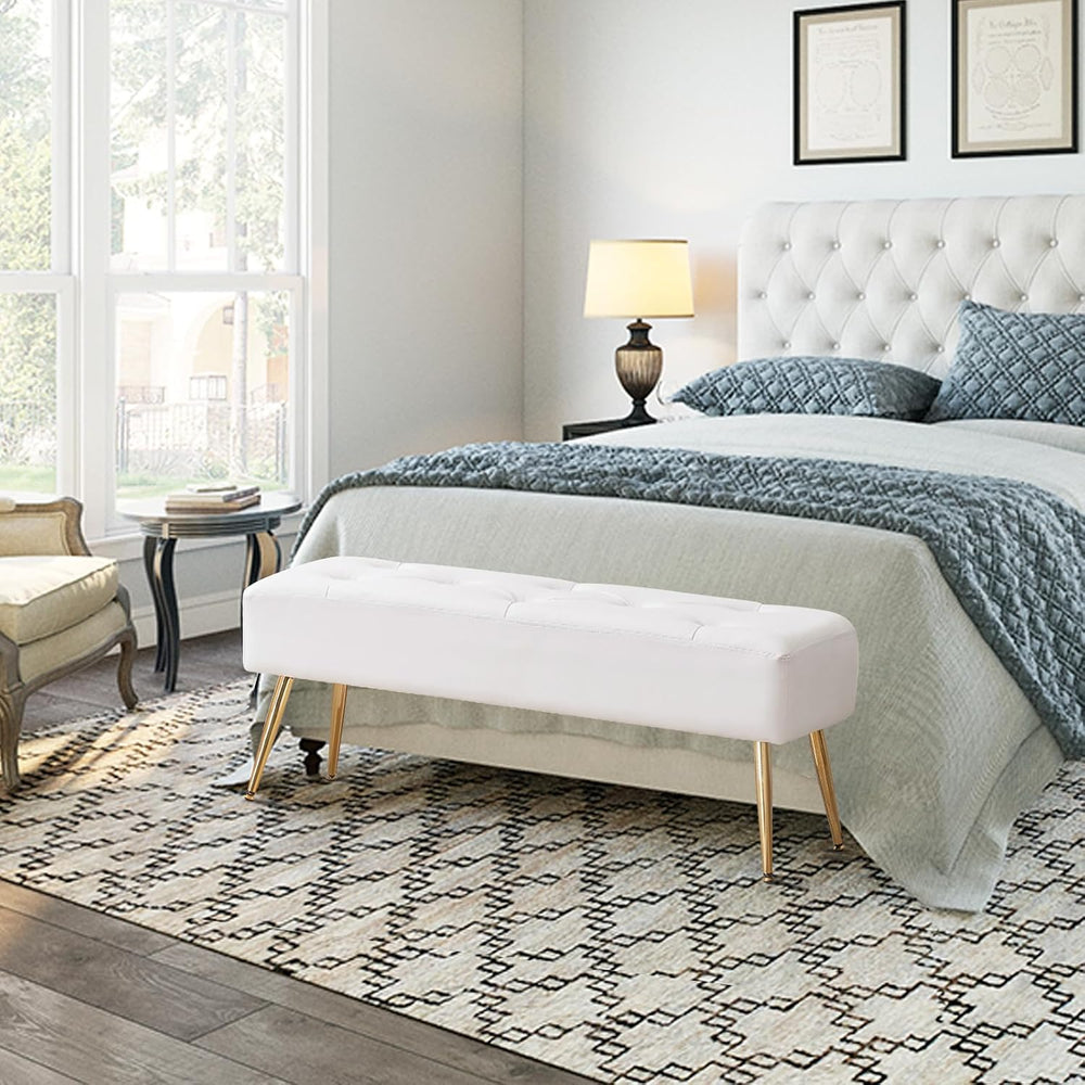 Furnimart Upholstered Tufted White Bench Ottoman with Padded Seat, Footrest F...
