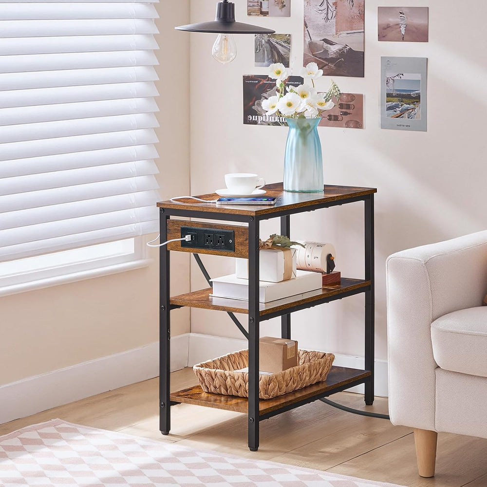 HOOBRO End Table with Charging Station, Side Table with 3 Tier Storage Shelf,...