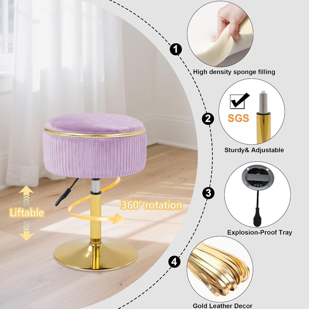 Adjustable Vanity Stool, Velvet Makeup Stool with Storage Purple | Small Vani...