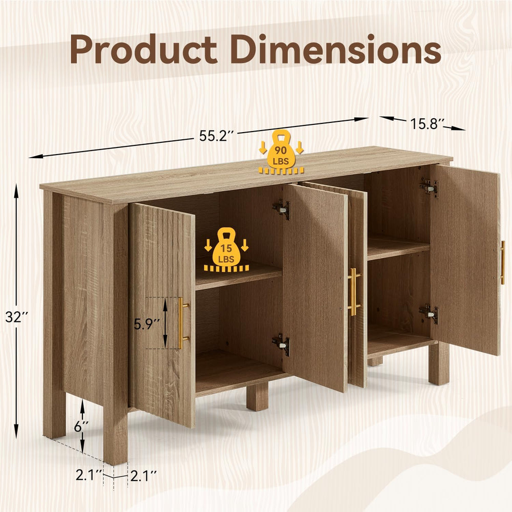 ECOTOUGE Natural 4-Door Fluted Buffet Cabinet with Storage