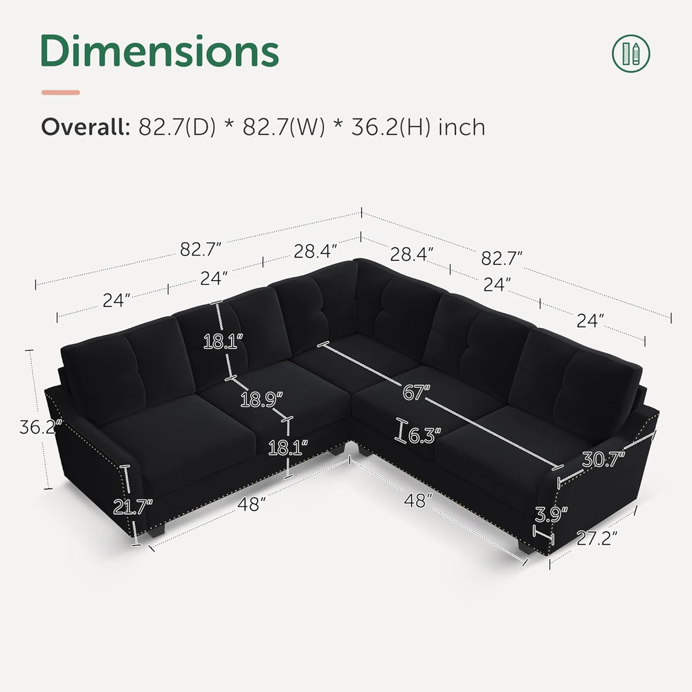 HONBAY Convertible Sectional Sofa L Shaped Couch,Velvet Black | Reversible Se...